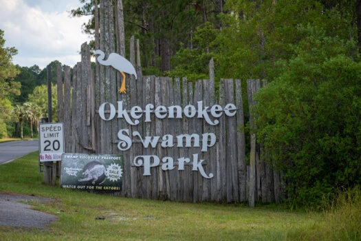 Front entrance into the Okefenokee Swamp Park in Northeast Florida.